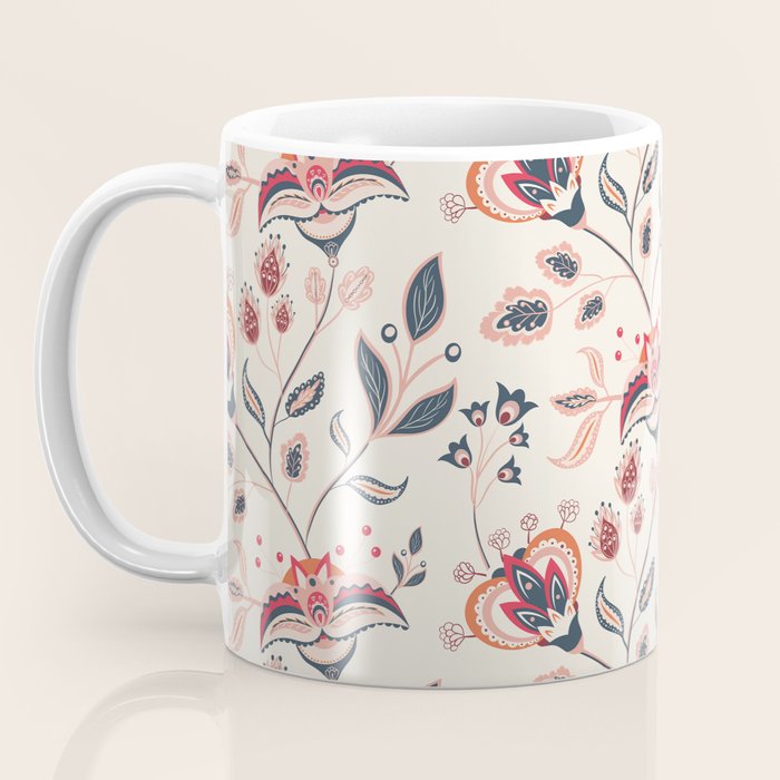 Indian Floral Trail - Ivory Coral Navy Coffee Mug Gallery Image 3