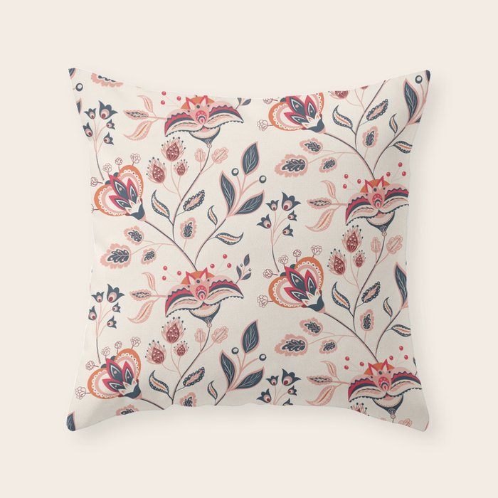 Indian Floral Trail - Ivory Coral Navy Throw Pillow Gallery Image 6
