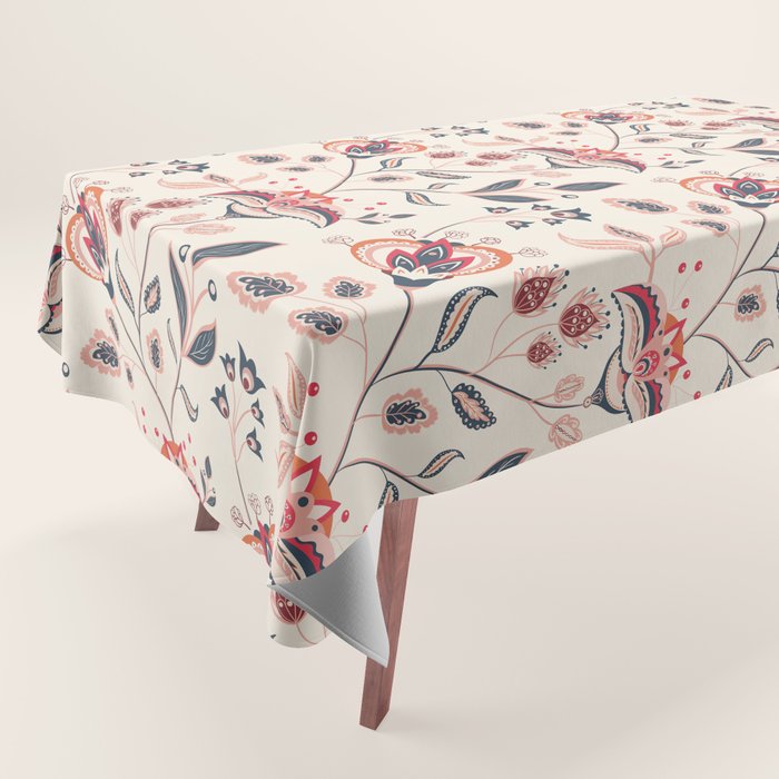 Indian Floral Trail - Ivory Coral Navy Tablecloth Gallery Image 1
