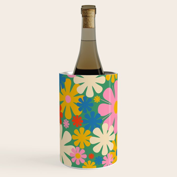 Retro Flowers 60s 70s Aesthetic Floral Pattern in Pop Green Blue Pink Red Mustard Yellow Cream Wine Chiller Gallery Image 1