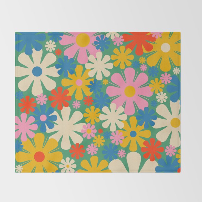 Retro Flowers 60s 70s Aesthetic Floral Pattern in Pop Green Blue Pink Red Mustard Yellow Cream Throw Blanket Gallery Image 2
