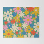 Retro Flowers 60s 70s Aesthetic Floral Pattern in Pop Green Blue Pink Red Mustard Yellow Cream Throw Blanket Gallery Image 2