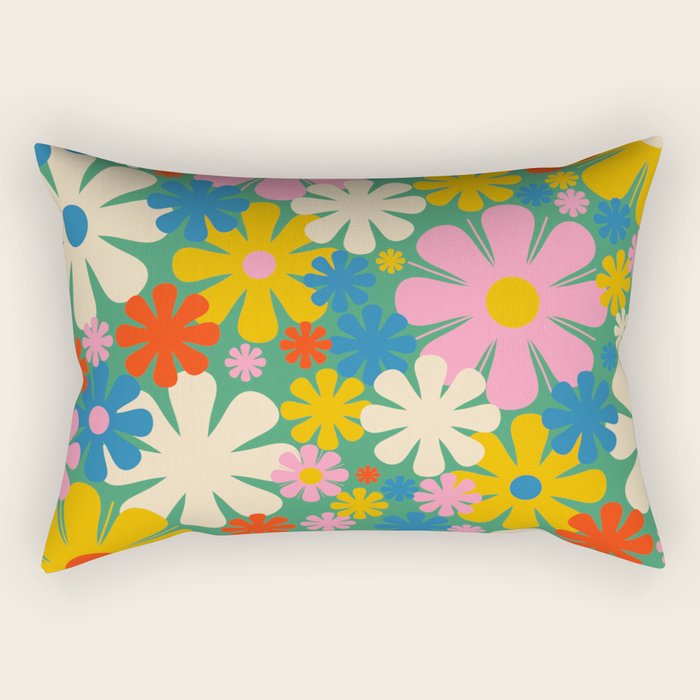 Retro Flowers 60s 70s Aesthetic Floral Pattern in Pop Green Blue Pink Red Mustard Yellow Cream Rectangular Pillow Gallery Image 2