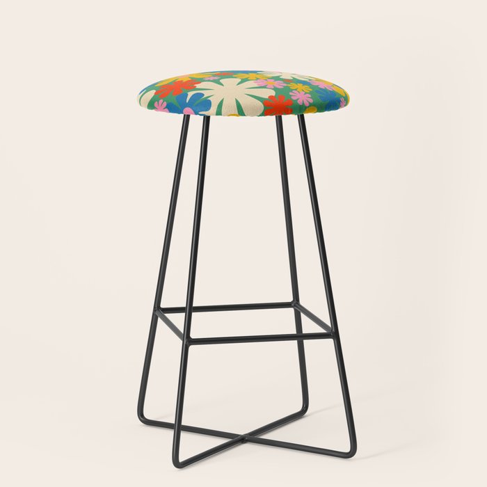 Retro Flowers 60s 70s Aesthetic Floral Pattern in Pop Green Blue Pink Red Mustard Yellow Cream Stool Gallery Image 1