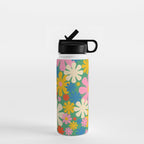 Retro Flowers 60s 70s Aesthetic Floral Pattern in Pop Green Blue Pink Red Mustard Yellow Cream Water Bottle Gallery Image 1