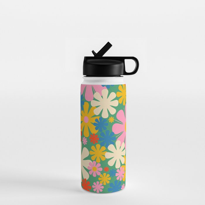 Retro Flowers 60s 70s Aesthetic Floral Pattern in Pop Green Blue Pink Red Mustard Yellow Cream Water Bottle Gallery Image 1
