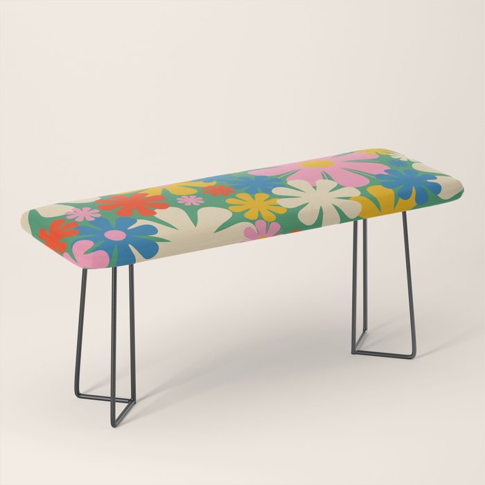 Retro Flowers 60s 70s Aesthetic Floral Pattern in Pop Green Blue Pink Red Mustard Yellow Cream Bench Gallery Image 1