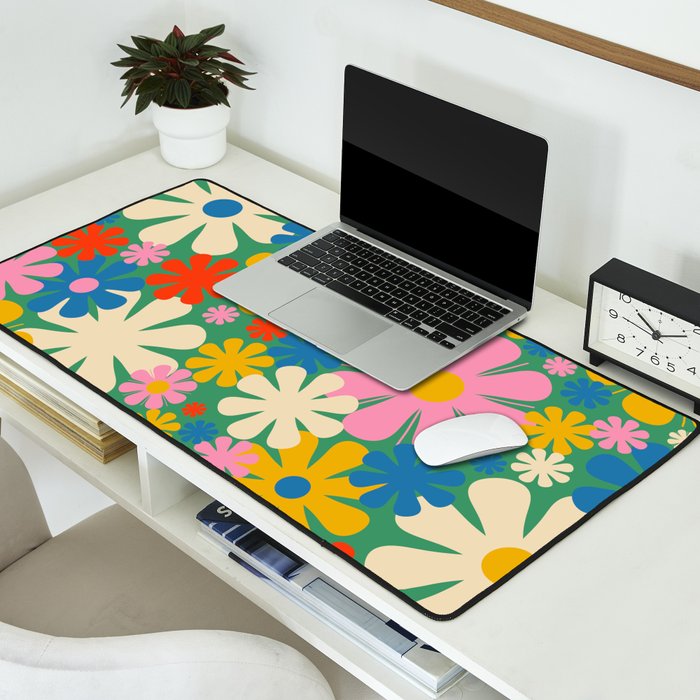 Retro Flowers 60s 70s Aesthetic Floral Pattern in Pop Green Blue Pink Red Mustard Yellow Cream Desk Mat Gallery Image 2