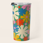 Retro Flowers 60s 70s Aesthetic Floral Pattern in Pop Green Blue Pink Red Mustard Yellow Cream Travel Mug Gallery Image 3