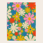 Retro Flowers 60s 70s Aesthetic Floral Pattern in Pop Green Blue Pink Red Mustard Yellow Cream Poster Gallery Image 4