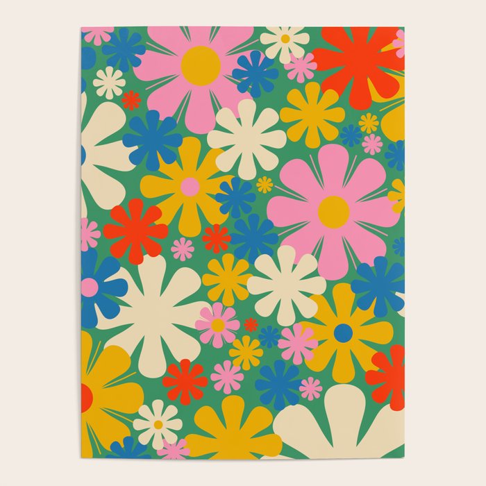 Retro Flowers 60s 70s Aesthetic Floral Pattern in Pop Green Blue Pink Red Mustard Yellow Cream Poster Gallery Image 4