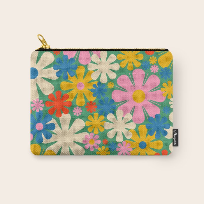 Retro Flowers 60s 70s Aesthetic Floral Pattern in Pop Green Blue Pink Red Mustard Yellow Cream Carry All Pouch Gallery Image 1