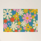 Retro Flowers 60s 70s Aesthetic Floral Pattern in Pop Green Blue Pink Red Mustard Yellow Cream Welcome Mat Gallery Image 1