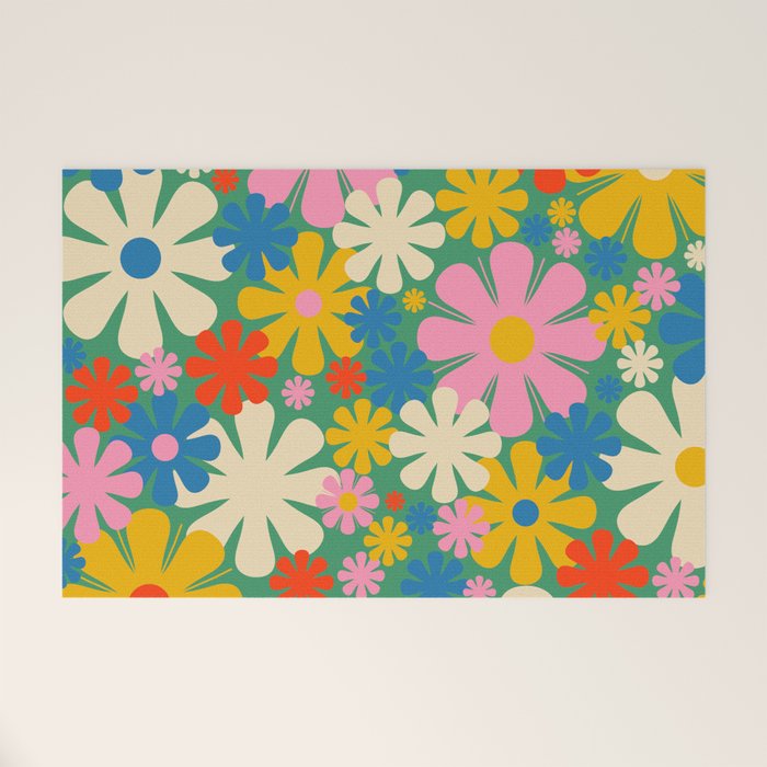 Retro Flowers 60s 70s Aesthetic Floral Pattern in Pop Green Blue Pink Red Mustard Yellow Cream Welcome Mat Gallery Image 1