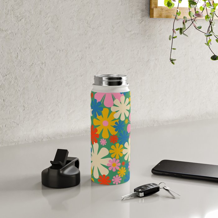 Retro Flowers 60s 70s Aesthetic Floral Pattern in Pop Green Blue Pink Red Mustard Yellow Cream Water Bottle Gallery Image 4