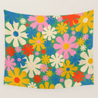 Retro Flowers 60s 70s Aesthetic Floral Pattern in Pop Green Blue Pink Red Mustard Yellow Cream Wall Tapestry Gallery Image 4