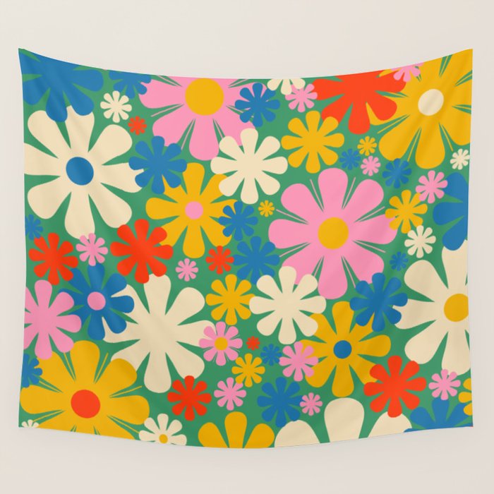 Retro Flowers 60s 70s Aesthetic Floral Pattern in Pop Green Blue Pink Red Mustard Yellow Cream Wall Tapestry Gallery Image 4