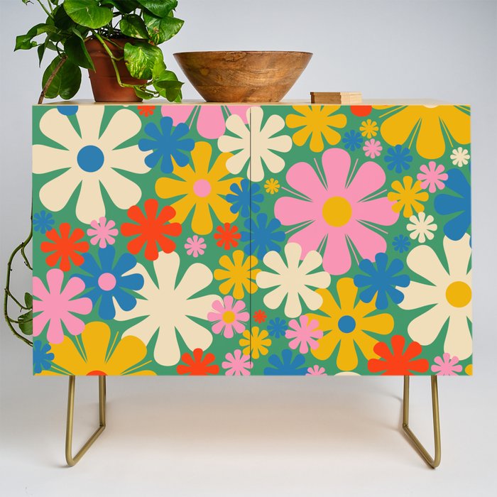 Retro Flowers 60s 70s Aesthetic Floral Pattern in Pop Green Blue Pink Red Mustard Yellow Cream Credenza Gallery Image 1
