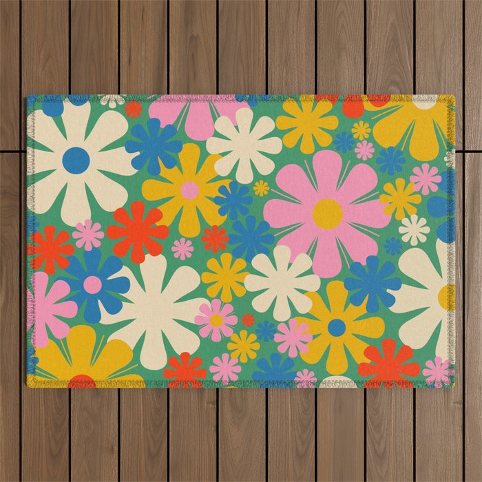 Retro Flowers 60s 70s Aesthetic Floral Pattern in Pop Green Blue Pink Red Mustard Yellow Cream Outdoor Rug Gallery Image 1