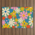 Retro Flowers 60s 70s Aesthetic Floral Pattern in Pop Green Blue Pink Red Mustard Yellow Cream Outdoor Rug Gallery Image 1