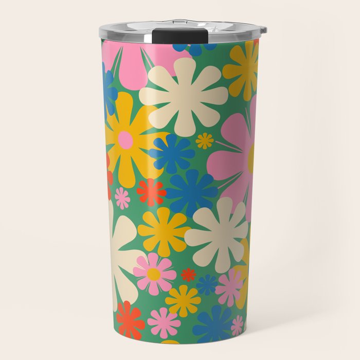Retro Flowers 60s 70s Aesthetic Floral Pattern in Pop Green Blue Pink Red Mustard Yellow Cream Travel Mug Gallery Image 1