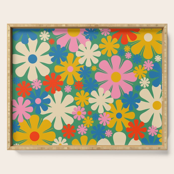 Retro Flowers 60s 70s Aesthetic Floral Pattern in Pop Green Blue Pink Red Mustard Yellow Cream Serving Tray Gallery Image 1
