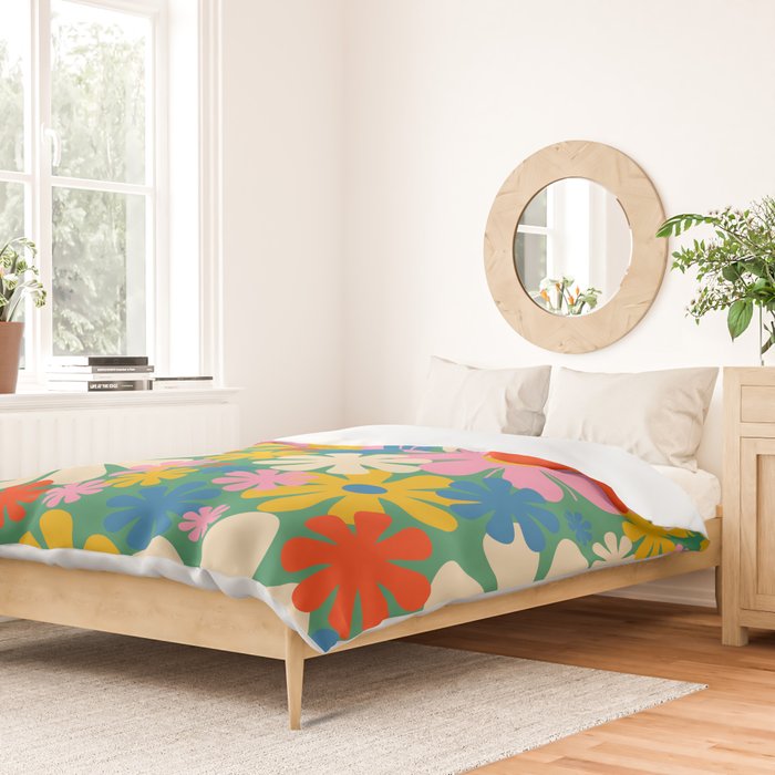Retro Flowers 60s 70s Aesthetic Floral Pattern in Pop Green Blue Pink Red Mustard Yellow Cream Duvet Cover Gallery Image 2