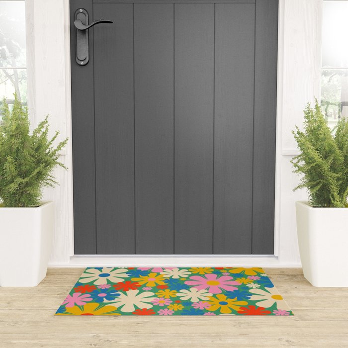Retro Flowers 60s 70s Aesthetic Floral Pattern in Pop Green Blue Pink Red Mustard Yellow Cream Welcome Mat Gallery Image 3