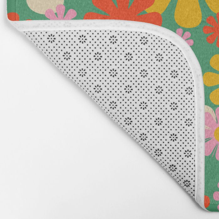 Retro Flowers 60s 70s Aesthetic Floral Pattern in Pop Green Blue Pink Red Mustard Yellow Cream Bath Mat Gallery Image 2