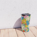 Retro Flowers 60s 70s Aesthetic Floral Pattern in Pop Green Blue Pink Red Mustard Yellow Cream Travel Mug Gallery Image 4