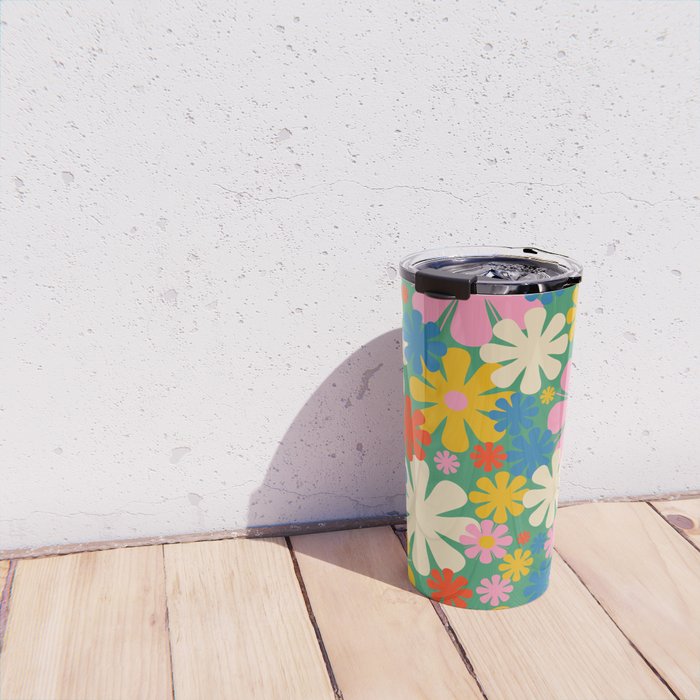 Retro Flowers 60s 70s Aesthetic Floral Pattern in Pop Green Blue Pink Red Mustard Yellow Cream Travel Mug Gallery Image 4