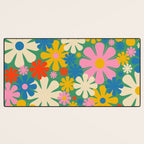 Retro Flowers 60s 70s Aesthetic Floral Pattern in Pop Green Blue Pink Red Mustard Yellow Cream Desk Mat Gallery Image 3