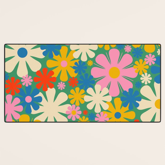 Retro Flowers 60s 70s Aesthetic Floral Pattern in Pop Green Blue Pink Red Mustard Yellow Cream Desk Mat Gallery Image 3