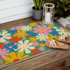Retro Flowers 60s 70s Aesthetic Floral Pattern in Pop Green Blue Pink Red Mustard Yellow Cream Outdoor Rug Gallery Image 2