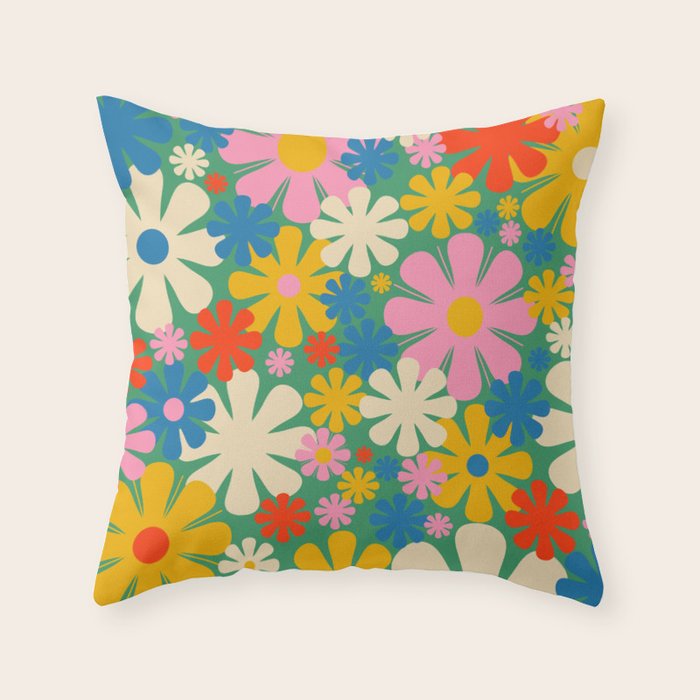 Retro Flowers 60s 70s Aesthetic Floral Pattern in Pop Green Blue Pink Red Mustard Yellow Cream Throw Pillow Gallery Image 1