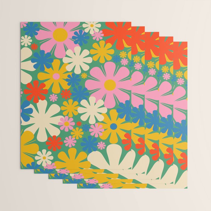 Retro Flowers 60s 70s Aesthetic Floral Pattern in Pop Green Blue Pink Red Mustard Yellow Cream Wrapping Paper Gallery Image 3