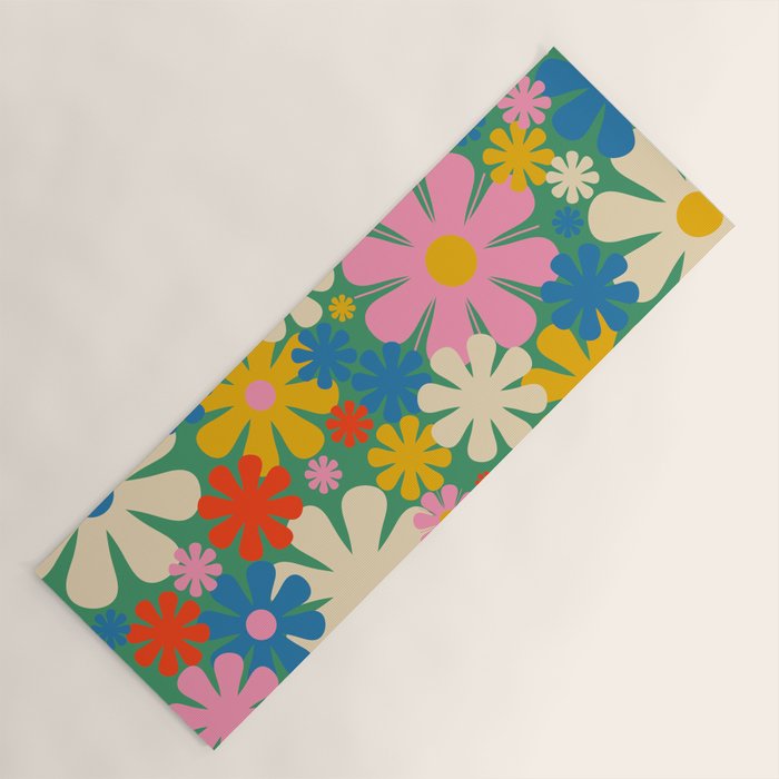 Retro Flowers 60s 70s Aesthetic Floral Pattern in Pop Green Blue Pink Red Mustard Yellow Cream Yoga Mat Gallery Image 1