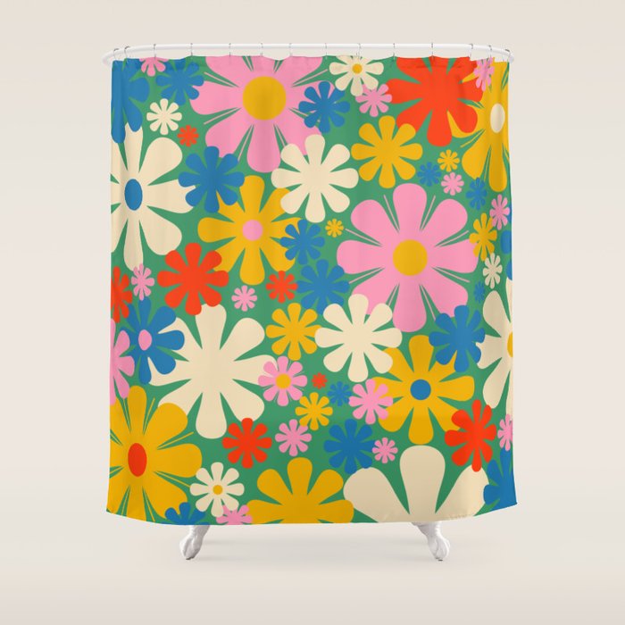 Retro Flowers 60s 70s Aesthetic Floral Pattern in Pop Green Blue Pink Red Mustard Yellow Cream Shower Curtain Gallery Image 1