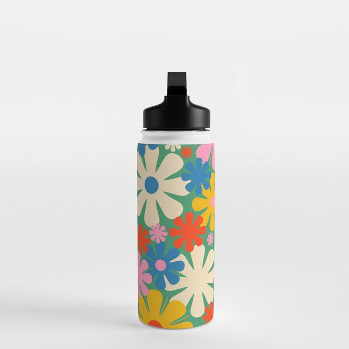 Retro Flowers 60s 70s Aesthetic Floral Pattern in Pop Green Blue Pink Red Mustard Yellow Cream Water Bottle Gallery Image 3