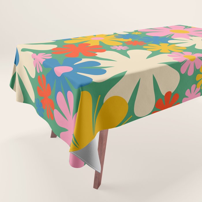 Retro Flowers 60s 70s Aesthetic Floral Pattern in Pop Green Blue Pink Red Mustard Yellow Cream Tablecloth Gallery Image 1