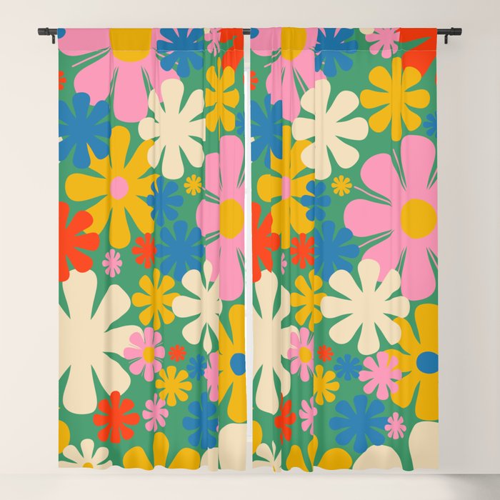 Retro Flowers 60s 70s Aesthetic Floral Pattern in Pop Green Blue Pink Red Mustard Yellow Cream Window Curtain Gallery Image 5
