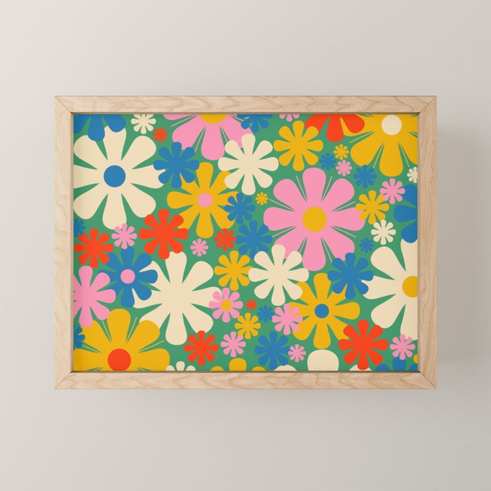 Retro Flowers 60s 70s Aesthetic Floral Pattern in Pop Green Blue Pink Red Mustard Yellow Cream Mini Art Print Gallery Image 1