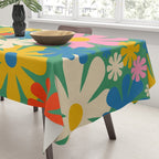Retro Flowers 60s 70s Aesthetic Floral Pattern in Pop Green Blue Pink Red Mustard Yellow Cream Tablecloth Gallery Image 3