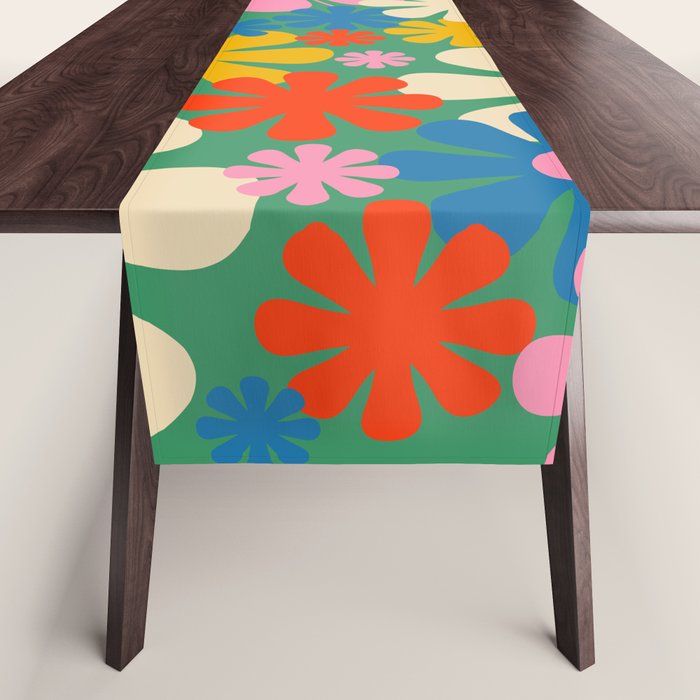 Retro Flowers 60s 70s Aesthetic Floral Pattern in Pop Green Blue Pink Red Mustard Yellow Cream Table Runner Gallery Image 1