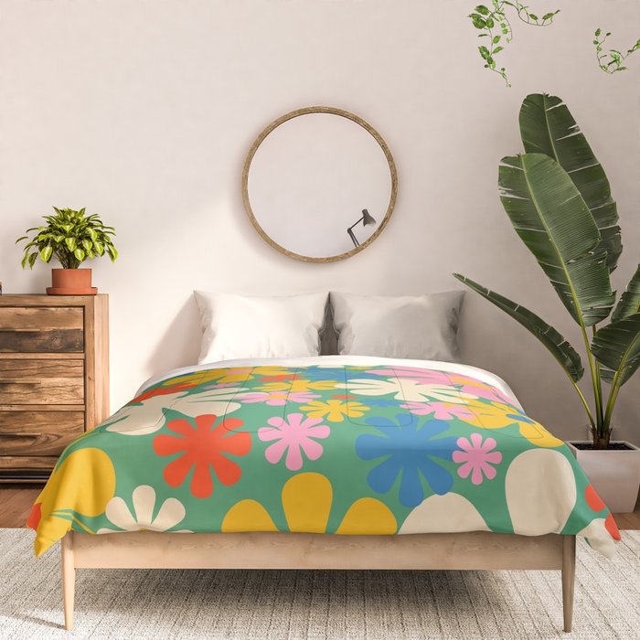 Retro Flowers 60s 70s Aesthetic Floral Pattern in Pop Green Blue Pink Red Mustard Yellow Cream Comforter Gallery Image 3