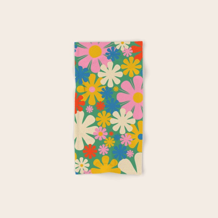 Retro Flowers 60s 70s Aesthetic Floral Pattern in Pop Green Blue Pink Red Mustard Yellow Cream Bath Towel Gallery Image 1