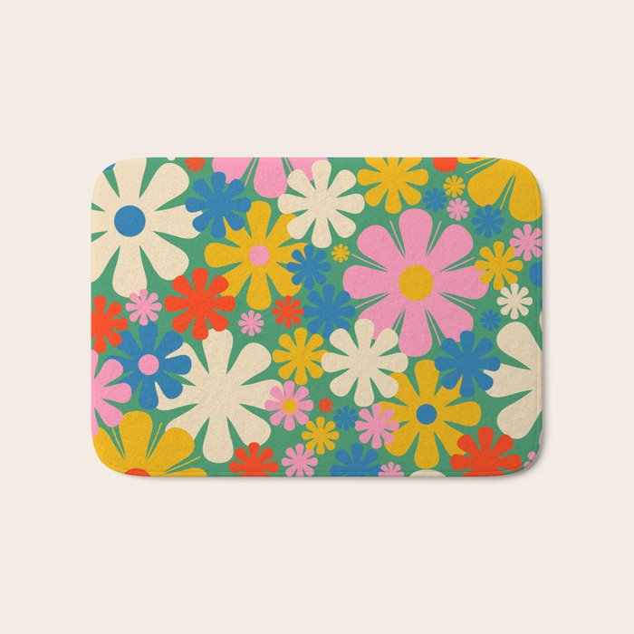 Retro Flowers 60s 70s Aesthetic Floral Pattern in Pop Green Blue Pink Red Mustard Yellow Cream Bath Mat Gallery Image 1