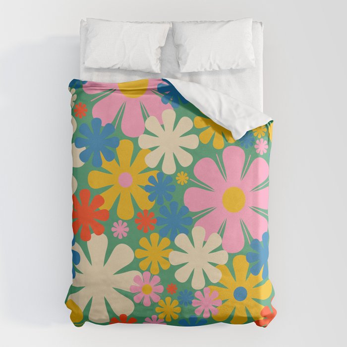 Retro Flowers 60s 70s Aesthetic Floral Pattern in Pop Green Blue Pink Red Mustard Yellow Cream Duvet Cover Gallery Image 1