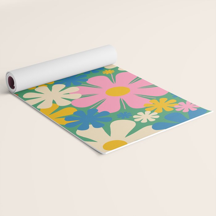 Retro Flowers 60s 70s Aesthetic Floral Pattern in Pop Green Blue Pink Red Mustard Yellow Cream Yoga Mat Gallery Image 2