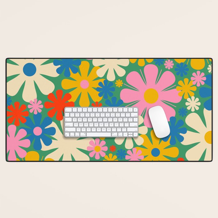 Retro Flowers 60s 70s Aesthetic Floral Pattern in Pop Green Blue Pink Red Mustard Yellow Cream Desk Mat Gallery Image 1